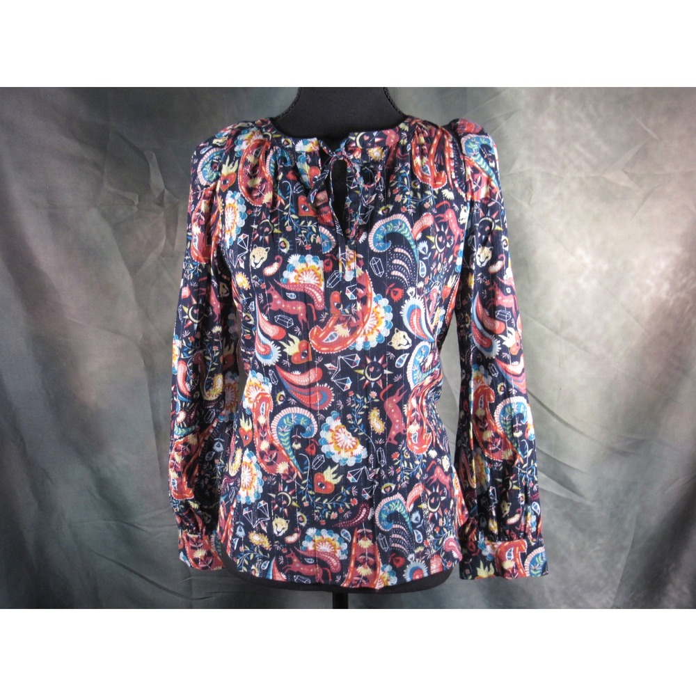 Loft Petites Navy Paisley Celestial Metallic Lurex Tie Neck Blouse SP